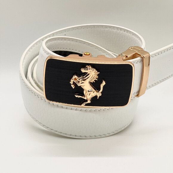 Fashion Leather Gold Slide White Mens Belt‎ Automatic Horse Buckle Jeans Dress - Picture 1 of 2
